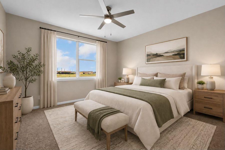 virtually staged to envision a primary bedroom with modern furniture and a king size bed. virtually staged to envision a primary bedroom with modern furniture and a king size bed.