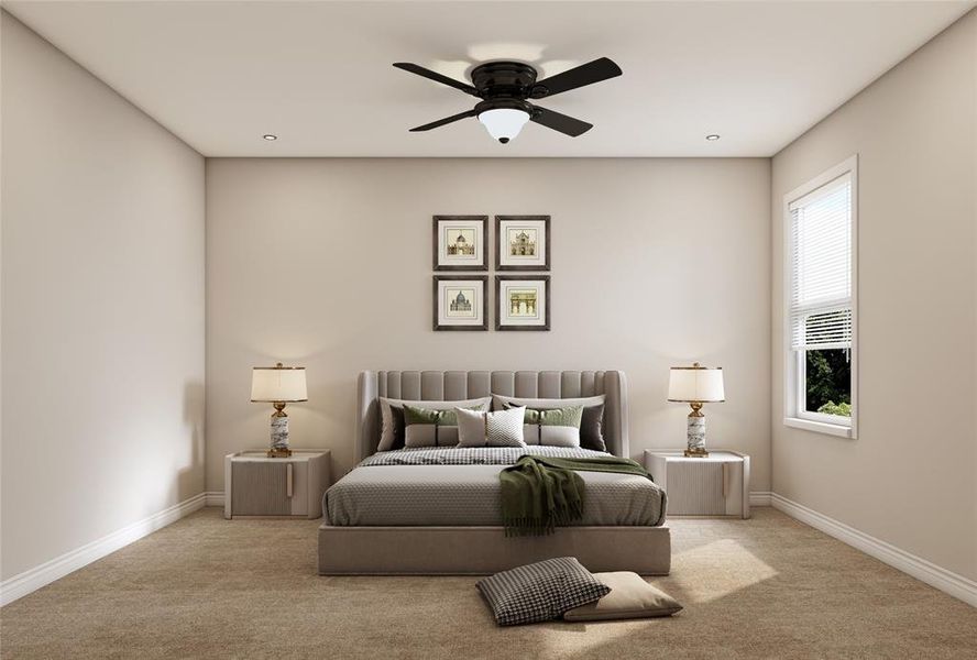 2nd bedroom. Great guest room with a ceiling fan and plush carpeting. This cozy bedroom can comfortably fit a queen-size bed. Example photo, virtually staged