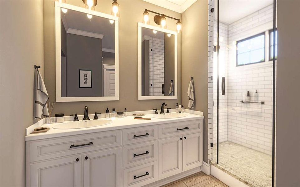 Ensuite bathroom with double sinks for convenience, a spacious walk-in shower with tiled finishes, and a generously sized closet designed for two people.