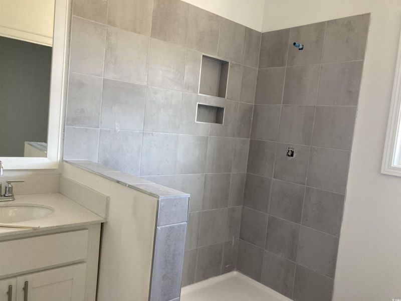 Full bath featuring a tile shower and vanity