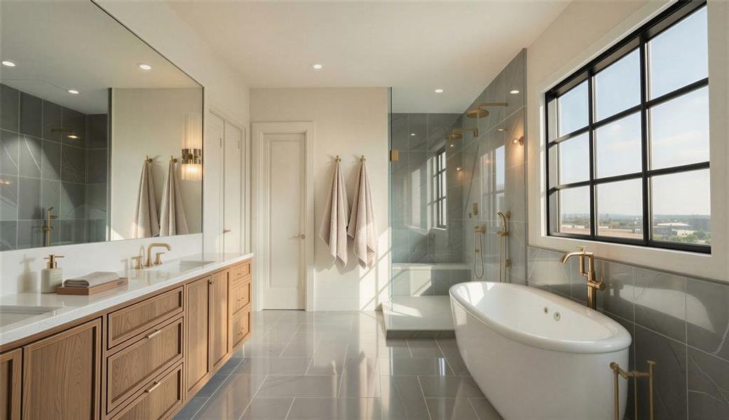 Rendering: Primary bathroom with dual vanities, soaking tub, and large shower.