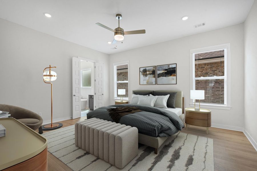 Recessed lighting, wood-finish flooring, ceiling fan, and two windows with blinds Recessed lighting, wood-finish flooring, ceiling fan, and two windows with blinds