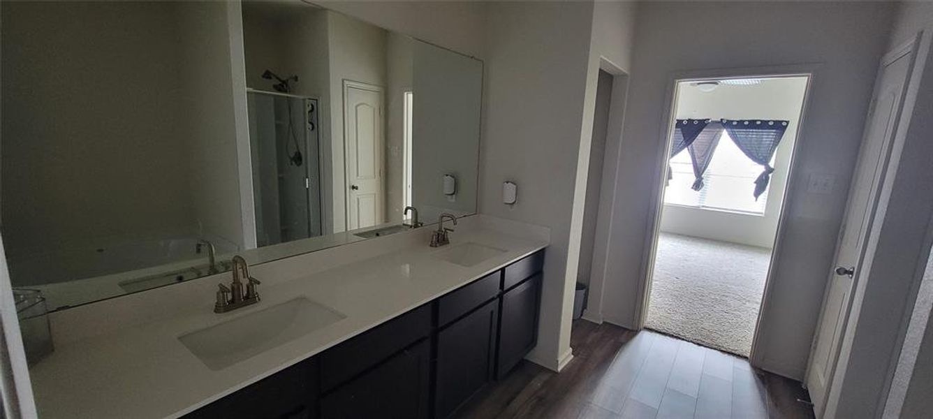 Bathroom with hardwood / wood-style floors, vanity, and a shower with shower door