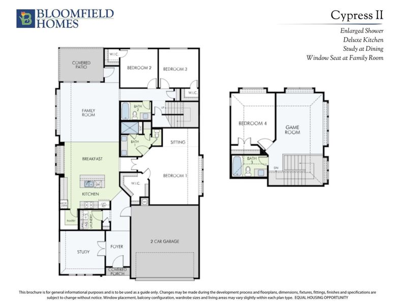 Bloomfield Homes Cypress II floor plan showing four bedrooms, game room, kitchen, family room, study, and two-car garage.