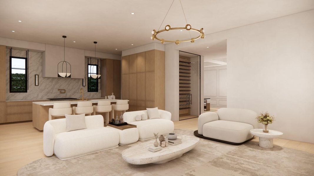 Family Room & Kitchen area create an open concept 1st floor plan w/ fireplace & wall of windows leading to the covered patio.