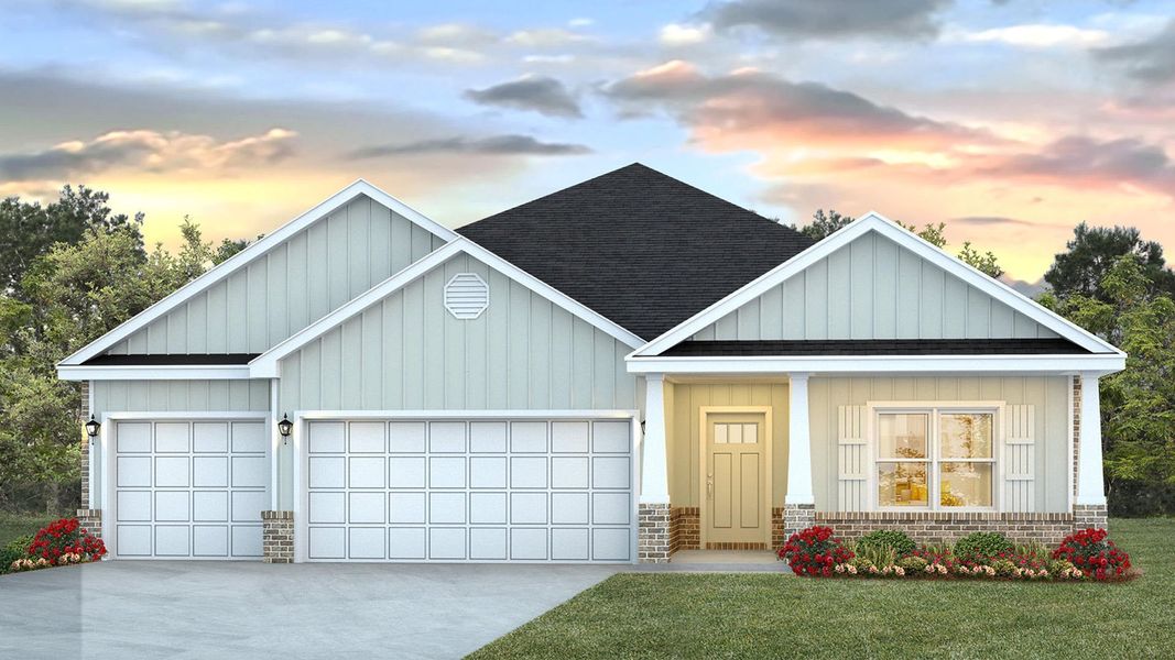 Front exterior of a new home in Owl's Head Farms, Freeport, FL, highlighting curb appeal (Image 1).