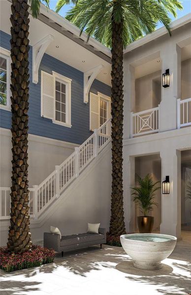 In the courtyard, stairs lead you up to your main living area.