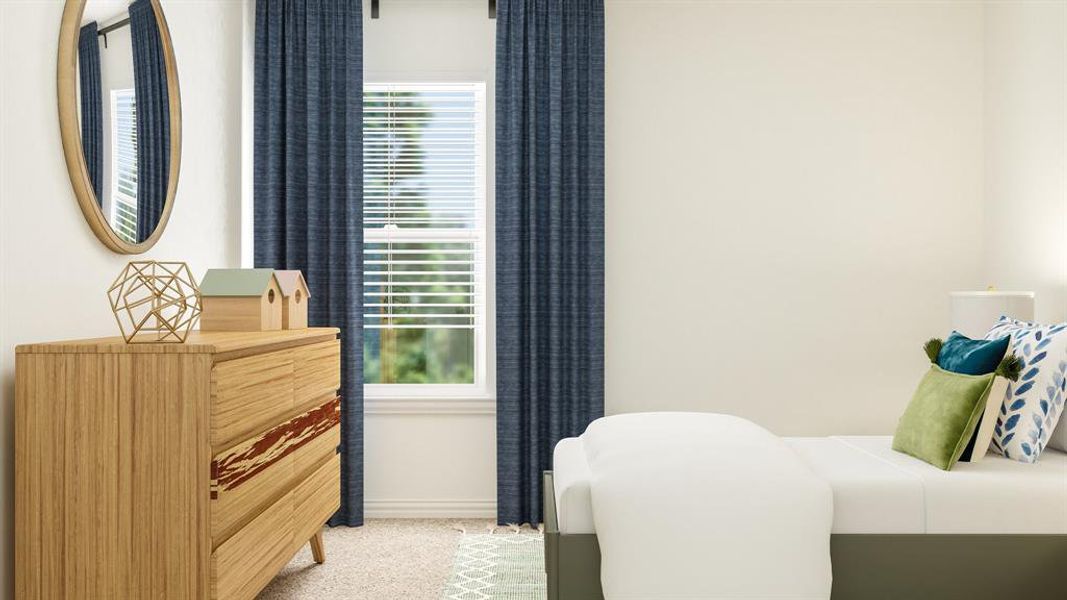 Bedroom featuring light colored carpet and multiple windows