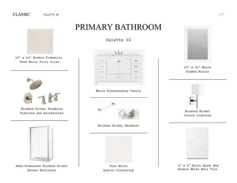 Classic Look Palette 6: Primary Bathroom Selection Sheet (*Artist rendering used for illustration purposes only.) Classic Look Palette 6: Primary Bathroom Selection Sheet (*Artist rendering used for illustration purposes only.)