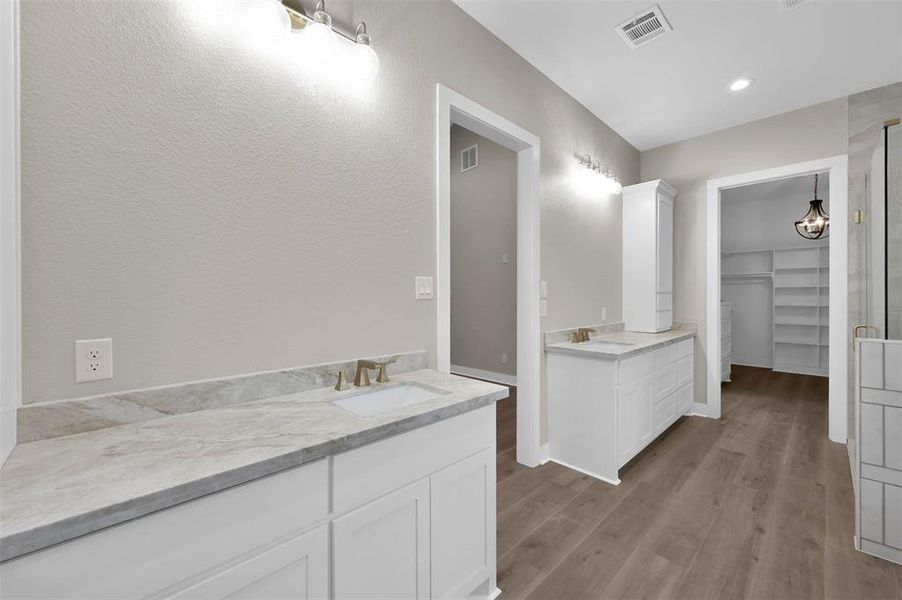 Primary bath with double sinks, vanity area, separate soaker tub and shower with a walk-in closet.