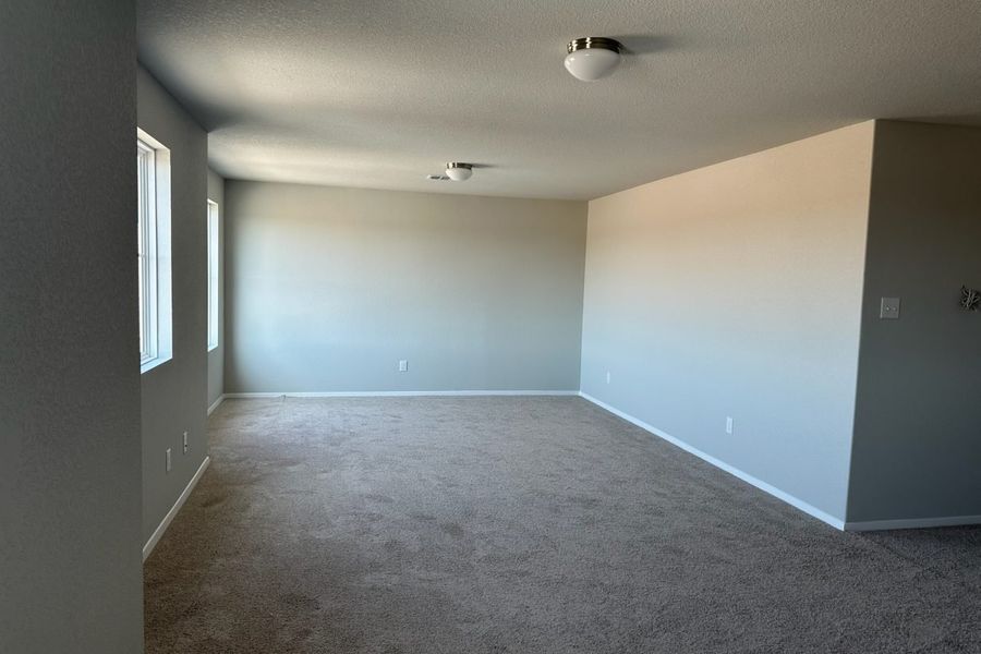 Image of home recreation room with multiple windows on a white wall and light carpet