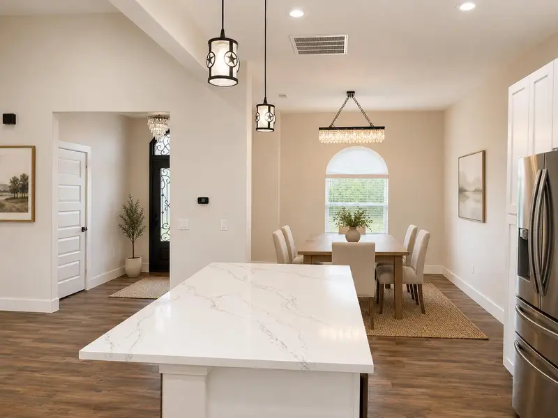 A bright open-concept living space features a spacious kitchen island, warm wood flooring, and elegant pendant lighting.