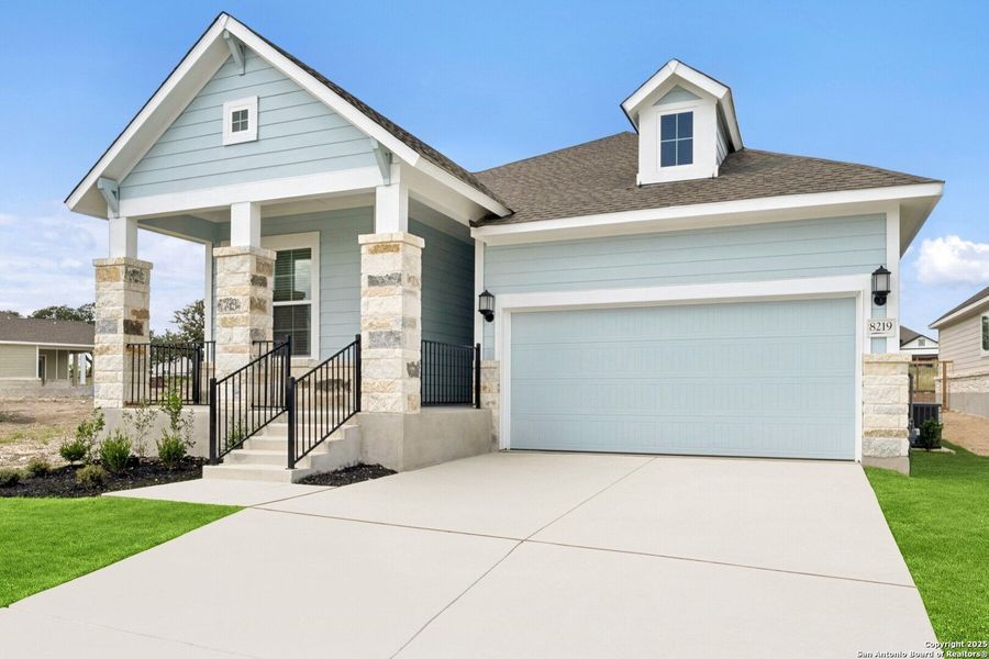 Front exterior of a new home in The Crossvine 45’, Schertz, TX, highlighting curb appeal (Image 19).