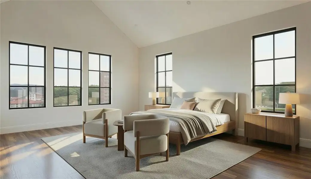 Rendering: Large primary bedroom with wood flooring, vaulted ceilings, and large windows.