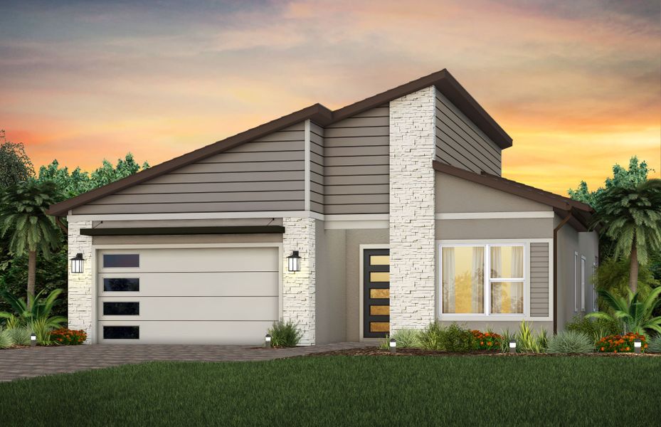 Front exterior of a new home in Avondale at Avenir, Palm Beach Gardens, FL, highlighting curb appeal (Image 21). Front exterior of a new home in Avondale at Avenir, Palm Beach Gardens, FL, highlighting curb appeal (Image 21).