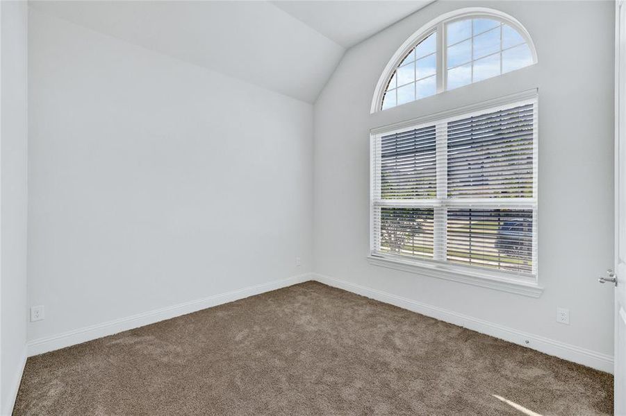 Spare room featuring lofted ceiling and dark colored carpet