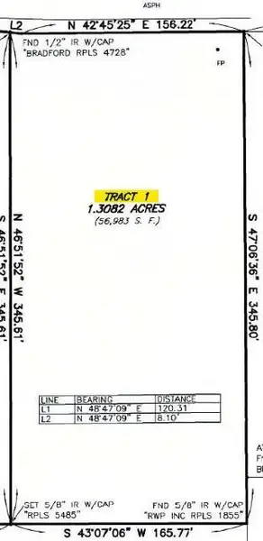 Survey showing Tract 1 (1.3082 acres), the only tract included in this listing. Property lines shown are approximate and for reference only. Survey showing Tract 1 (1.3082 acres), the only tract included in this listing. Property lines shown are approximate and for reference only.
