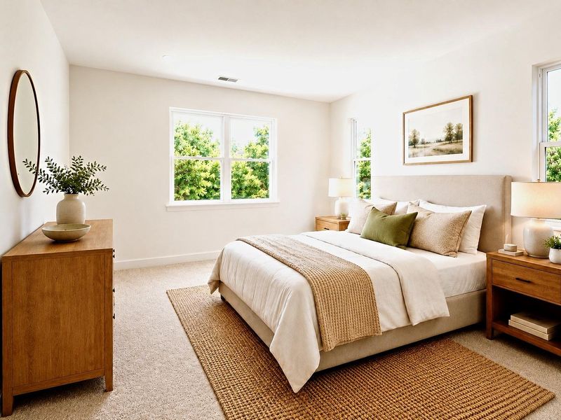 The primary bedroom offers a spacious layout with multiple windows, natural light, and room for a large bed, nightstands, and additional furniture. The neutral design and open floor space help create a comfortable private retreat with flexible furniture placement. * Photo rendering shown as home is currently under construction | Final appearance may vary *