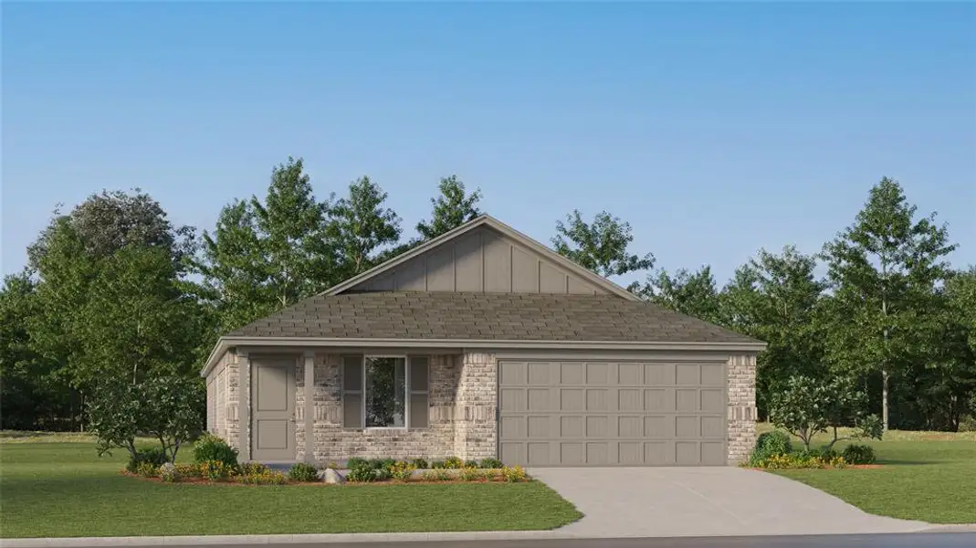 View of front of property featuring board and batten siding, a front yard, brick siding, driveway, and roof with shingles