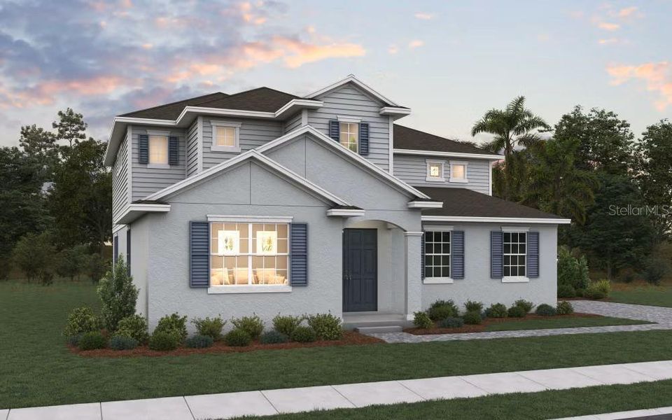 Front exterior of a new home in Avalon Woods, Winter Garden, FL, highlighting curb appeal (Image 1). Front exterior of a new home in Avalon Woods, Winter Garden, FL, highlighting curb appeal (Image 1).