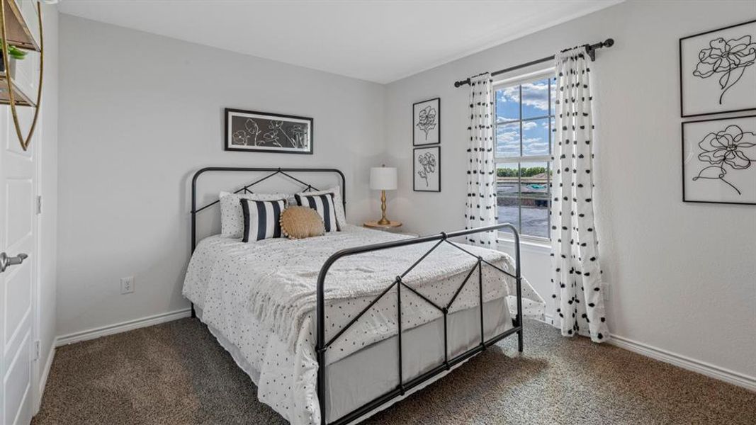 Carpeted bedroom featuring light gray walls, white baseboards, and a single window with white trim Carpeted bedroom featuring light gray walls, white baseboards, and a single window with white trim