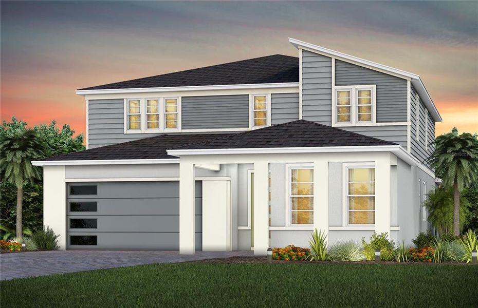 Front exterior of a new home in EverBe, Orlando, FL, highlighting curb appeal (Image 1). Front exterior of a new home in EverBe, Orlando, FL, highlighting curb appeal (Image 1).