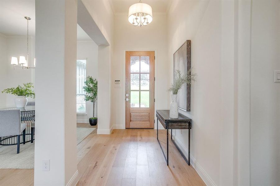 12 foot ceilings in the entry highlighted by a decorative chandelier.