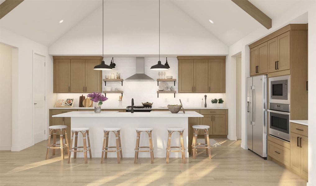 Gorgeous island kitchen with light stain cabinets (*Artist rendering used for illustration purposes only.)