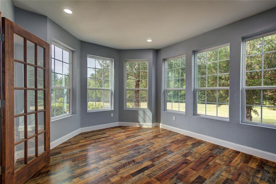 Unfurnished room featuring a wealth of natural light and dark hardwood / wood-style floors