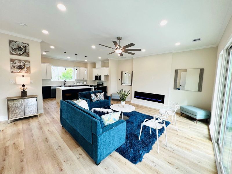 staged photos are from 3229. 3231 is not staged and is ready to move in.