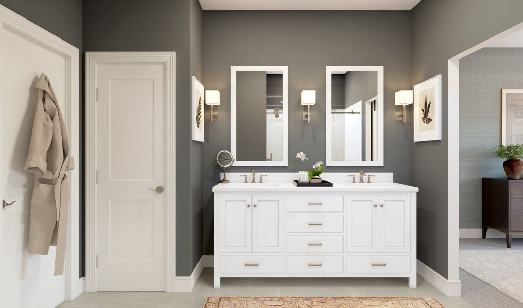 Primary bath with freestanding dual vanities