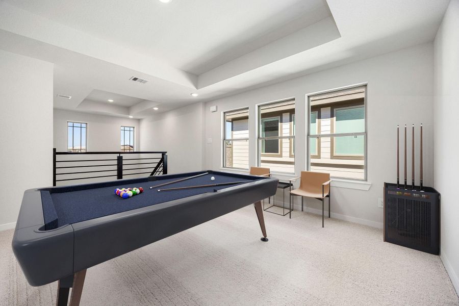 Perfect for entertaining is this amazing game room! Right upstairs, this space would be a fabulous teen hangout, media room, or adult game room complete with enough room for a pool table and big screen TVs! Featuring plush carpet, high ceilings, custom paint, and abundant natural light streaming in from the large windows. *Virtually Staged Perfect for entertaining is this amazing game room! Right upstairs, this space would be a fabulous teen hangout, media room, or adult game room complete with enough room for a pool table and big screen TVs! Featuring plush carpet, high ceilings, custom paint, and abundant natural light streaming in from the large windows. *Virtually Staged