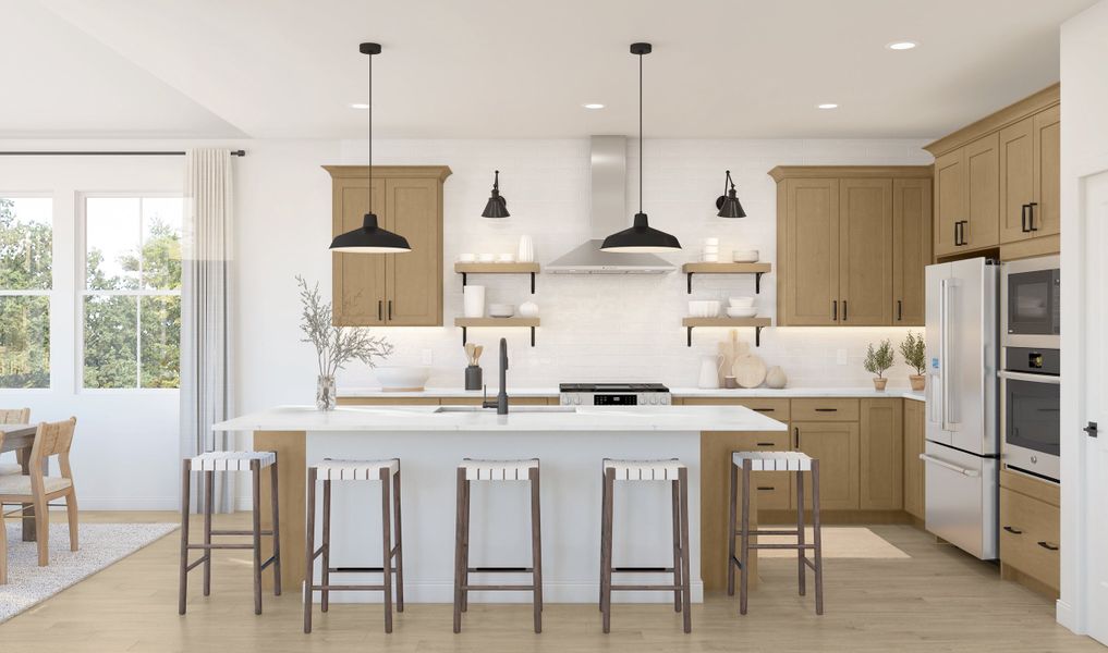 Kitchen with pendant lighting & floating shelves