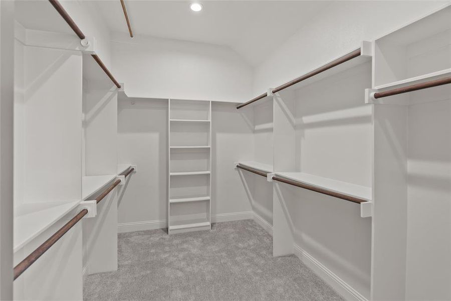 Walk in closet with light colored carpet