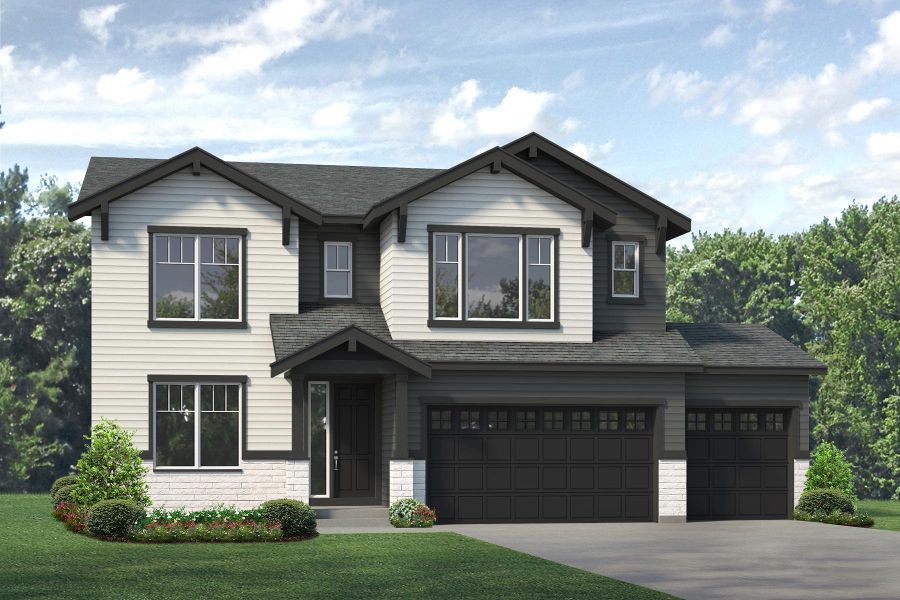 Representative exterior photo of a completed home built from the Silverton by Risewell Homes in Highlands Preserve, Mead, CO (Image 16). Representative exterior photo of a completed home built from the Silverton by Risewell Homes in Highlands Preserve, Mead, CO (Image 16).