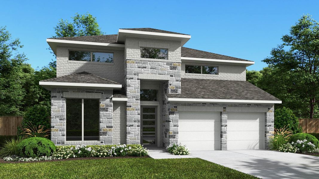 Front exterior of a new home in StoneCreek Estates, Richmond, TX, highlighting curb appeal (Image 1). Front exterior of a new home in StoneCreek Estates, Richmond, TX, highlighting curb appeal (Image 1).