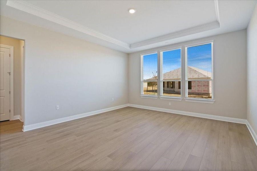 The beautiful tray ceiling in the spacious owner's retreat is emphasized by the natural light.