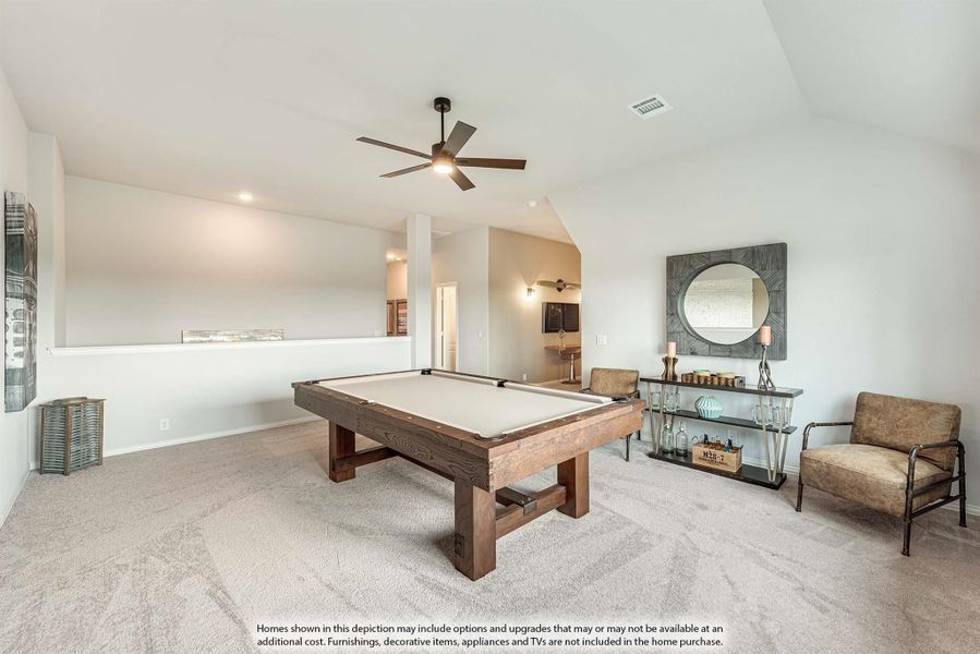Game room with pool table, ceiling fan, vaulted ceiling, and carpet flooring