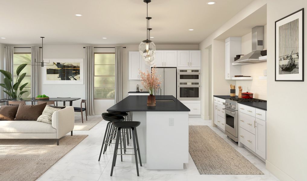 Kitchen with pendant lighting with floating shelves