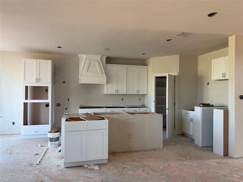 Kitchen featuring white cabinetry, visible vents, premium range hood, and a center island