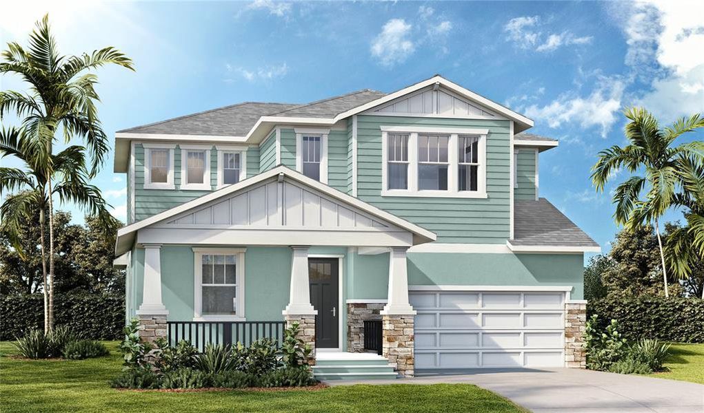 Front exterior of a new home in Primrose at Longleaf, New Port Richey, FL, highlighting curb appeal (Image 1).