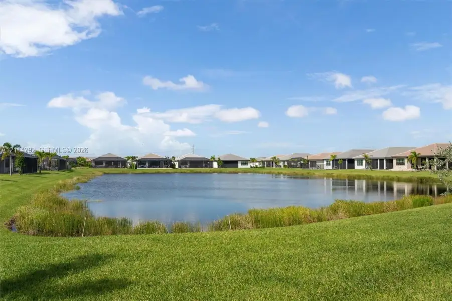 Waterfront property featuring a retention pond with natural shoreline vegetation and expansive grass lawn