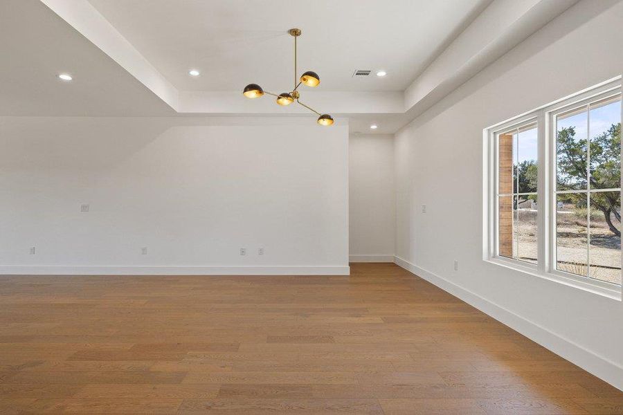 Unfurnished room with light wood-type flooring, a tray ceiling, and hanging lights