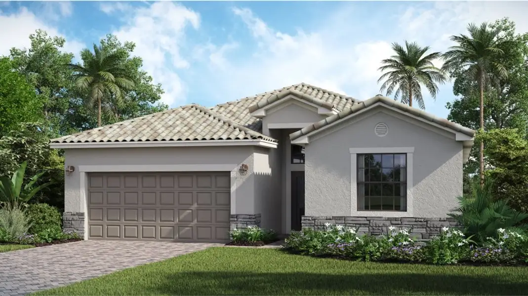 Front exterior of a new home in Valencia Golf & Country Club, Naples, FL, highlighting curb appeal (Image 1). Front exterior of a new home in Valencia Golf & Country Club, Naples, FL, highlighting curb appeal (Image 1).