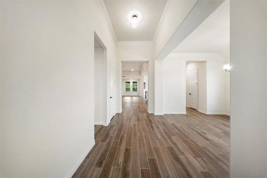 Corridor with ornamental molding and wood finish floors