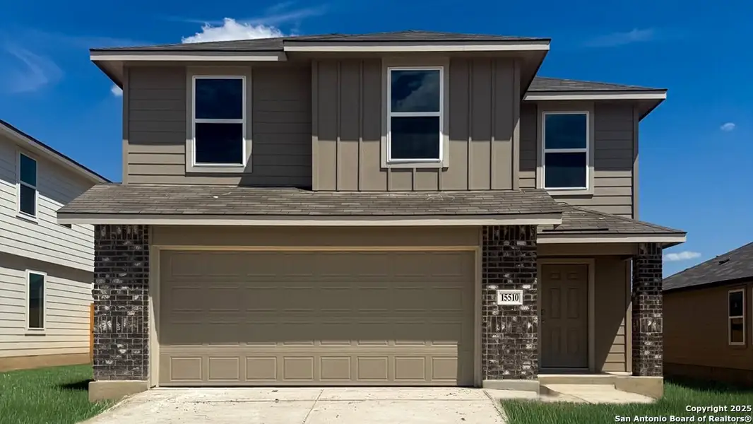 Front exterior of a new home in Preserve at Medina, Von Ormy, TX, highlighting curb appeal (Image 2). Front exterior of a new home in Preserve at Medina, Von Ormy, TX, highlighting curb appeal (Image 2).
