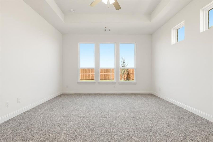 Unfurnished room featuring a raised ceiling, light colored carpet, and ceiling fan Unfurnished room featuring a raised ceiling, light colored carpet, and ceiling fan