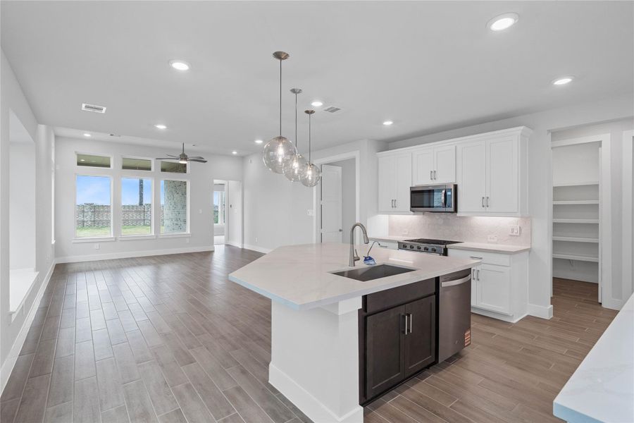 Enjoy an open, airy living experience with a commanding view from the heart of the home. This gourmet kitchen seamlessly flows into the main living area, where oversized windows flood the entire space with abundant natural light and frame a picturesque view of the serene backyard.