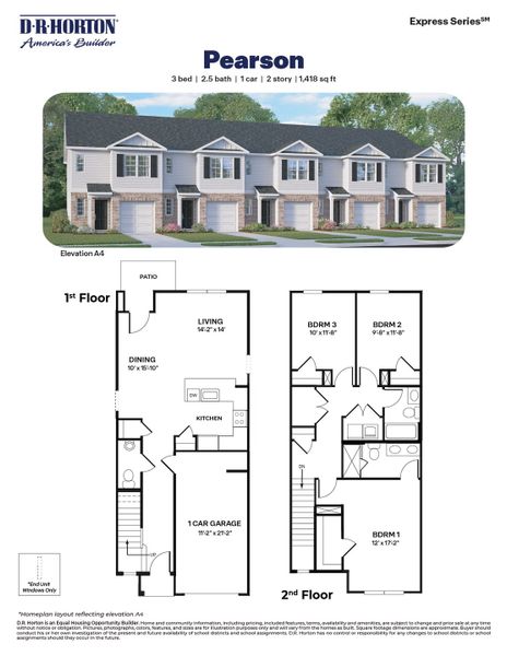 2D floor plan layout for the Pearson by D.R. Horton in The Townes at Ridgewood Farms, Winterville, NC (Image 3).