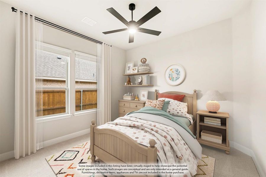 Children's bedroom with wood twin bed, ceiling fan, floating shelves, and large window with sheer curtains Children's bedroom with wood twin bed, ceiling fan, floating shelves, and large window with sheer curtains